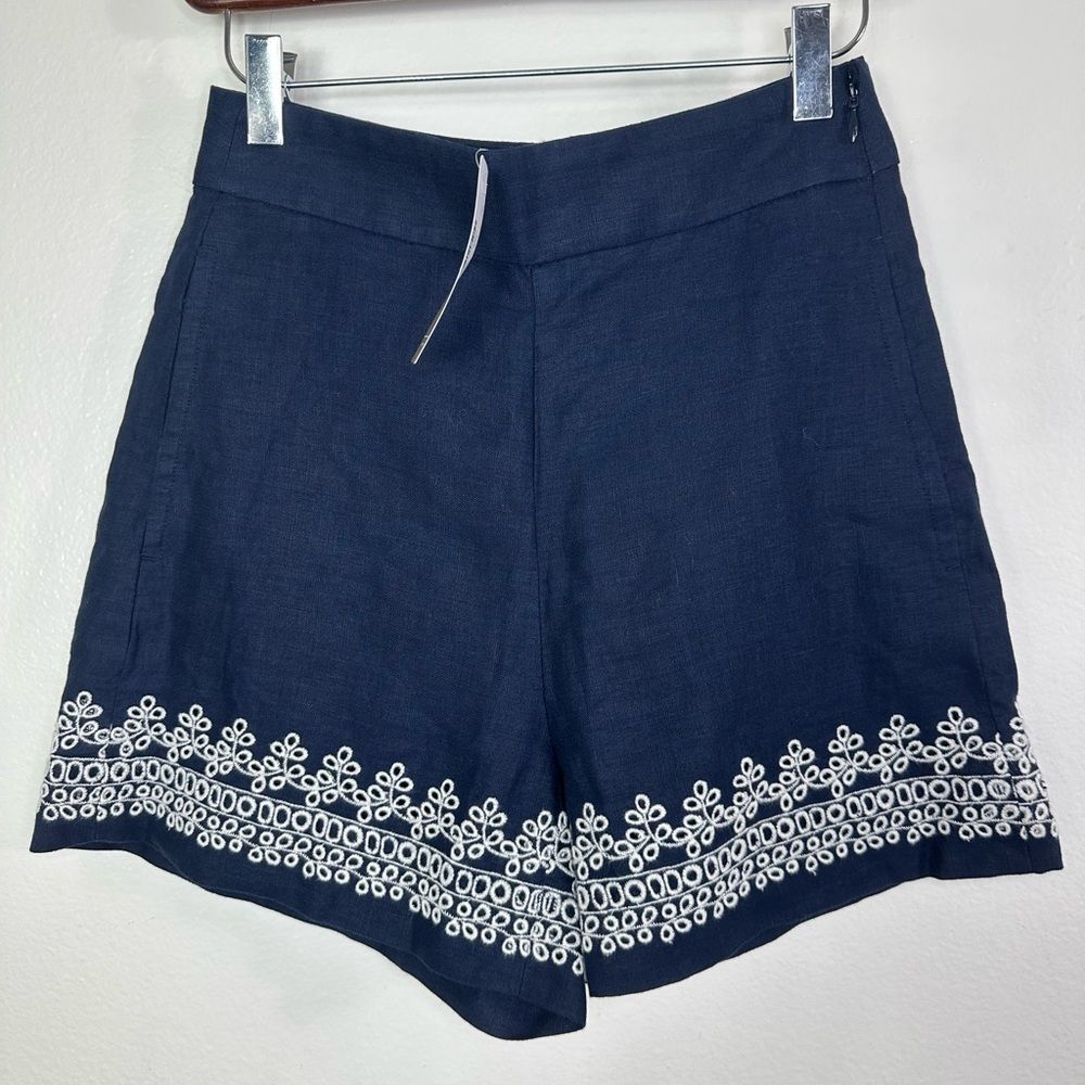 NWT J. Crew Embroidered-trim shorts in beauchamps linen Navy Blue Women’s Sz 00